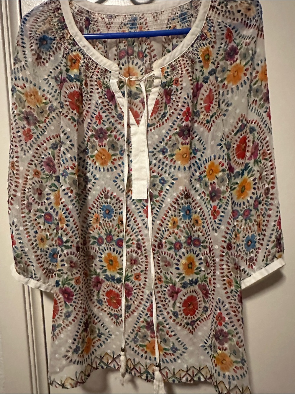 Boho Tie-Neck Floral Tunic Top - White Multi